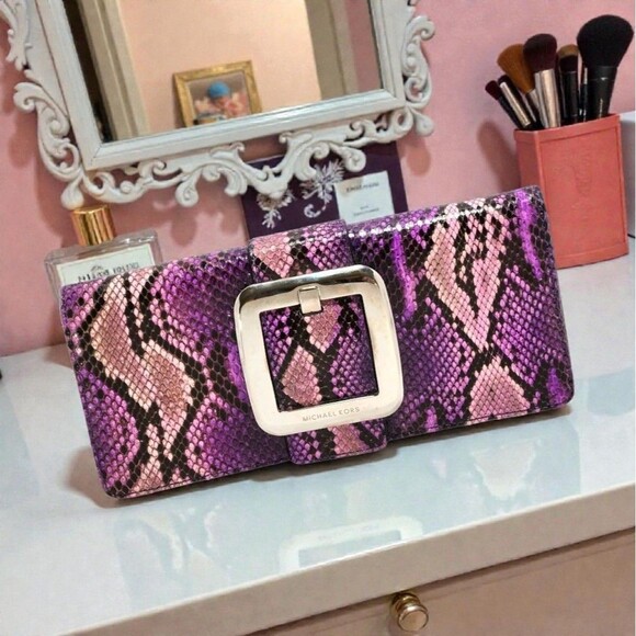Michael Kors Purple Black Faux Snakeskin Clutch w/ Oversized Buckle Evening Bag - Picture 1 of 9